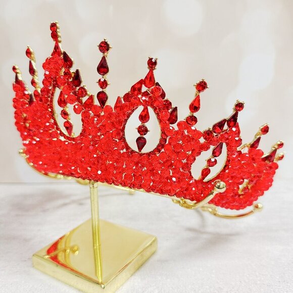 Gold Princess Crown, Prom headpiece, Bridal tiara, Red Crystal wedding crown main image 4